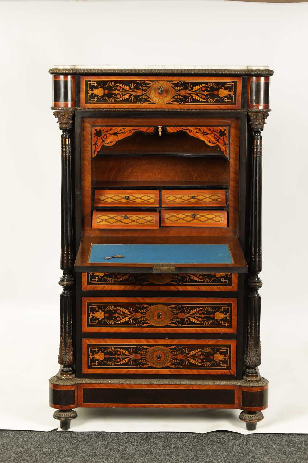 A 19TH CENTURY FRENCH EBONISED AND KINGWOOD CROSS-BANDED MARQUETRY INLAID FALL FRONT SECRETAIRE CABI - Image 2 of 14
