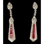 A PAIR OF ART DECCO STYLE 18CT WHITE GOLD, RUBY AND DIAMOND PENDANT DROP EARRINGS