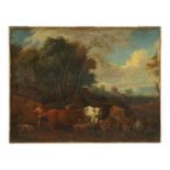 AN 18TH CENTURY OIL ON CANVAS - CONTINENTAL LANDSCAPE SCENE