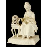 AN 18TH/EARLY 19TH CENTURY BISQUE PORCELAIN SEATED LADY FIGURE AFTER MEISSEN