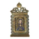 AN EARLY SILVER AND ENAMEL RELIGIOUS PLAQUE DEPICITING THE VIRGIN MOTHER AND CHILD