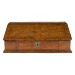 AN EARLY 18TH CENTURY FIGURED WALNUT SLOPE FRONT TABLE TOP DESK BOX