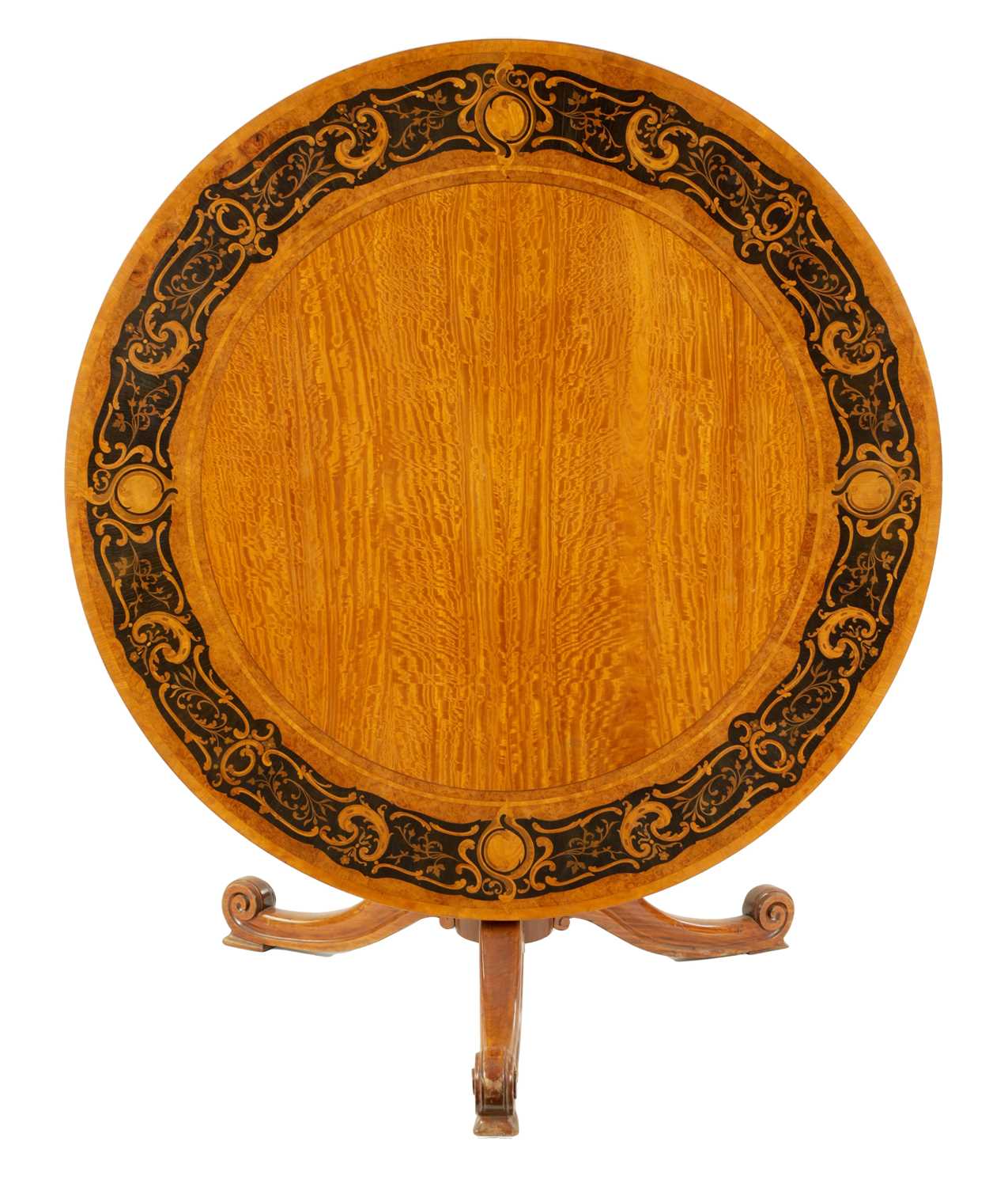 A FINE MID 19TH CENTURY FIGURED SATINWOOD MARQUETRY INLAID CENTRE TABLE