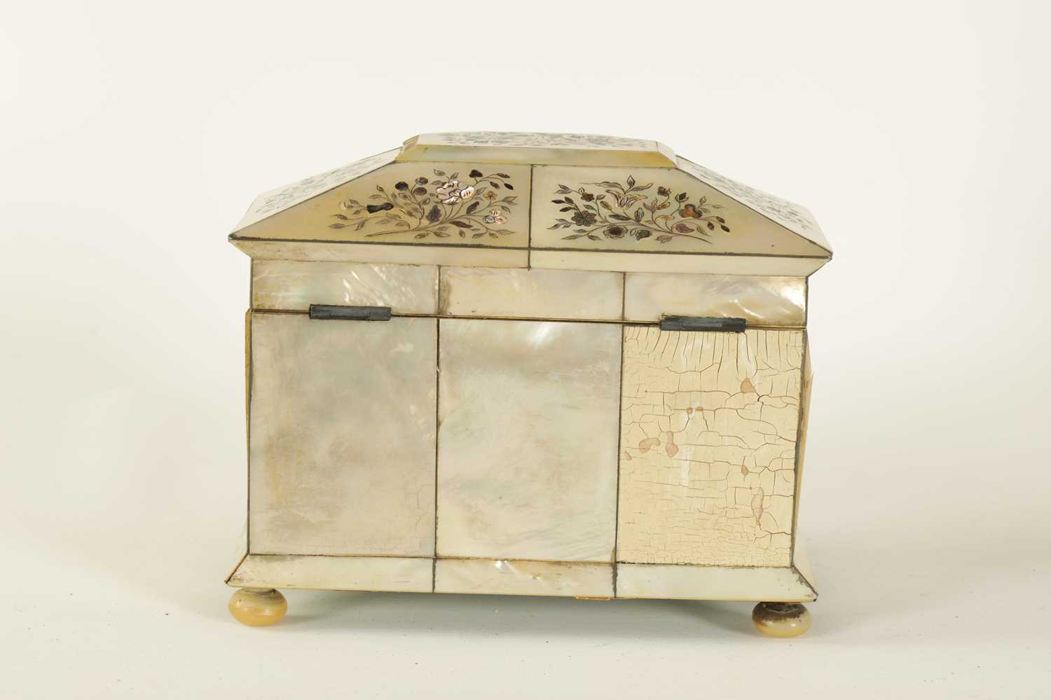 A 19TH CENTURY INLAID MOTHER OF PEARL TEA CADDY WITH CANTED ANGLED FRONT - Image 9 of 10