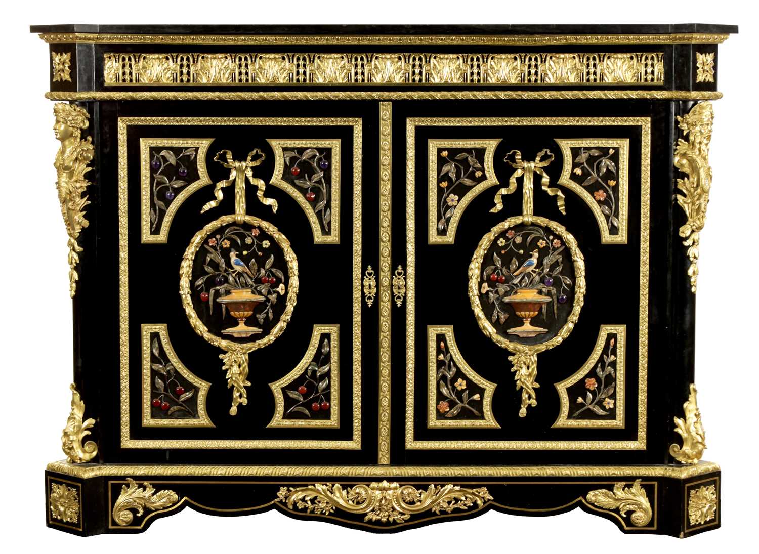 MATHIEU BEFORT (BEFORT JEUNE) (1813 - 1880) A FINE 19TH CENTURY PIETRA DURA AND ORMOLU MOUNTED EBONI