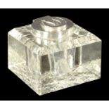 AN EDWARD VII SQUARE HOBNAIL-CUT GLASS SILVER MOUNTED INKWELL