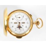 A LATE 19TH CENTURY 18CT GOLD HUNTER CHRONOGRAPH QUARTER REPEATING POCKET WATCH