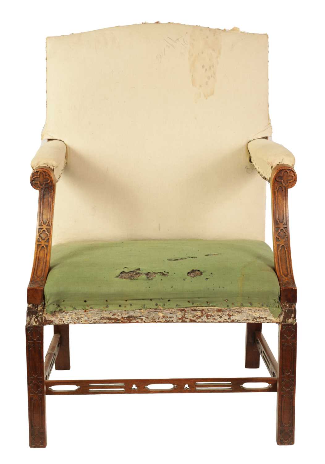 AN EARLY GEORGE III CHIPPENDALE DESIGN MAHOGANY UPHOLSTERED GAINSBOROUGH CHAIR OF GENEROUS SIZE