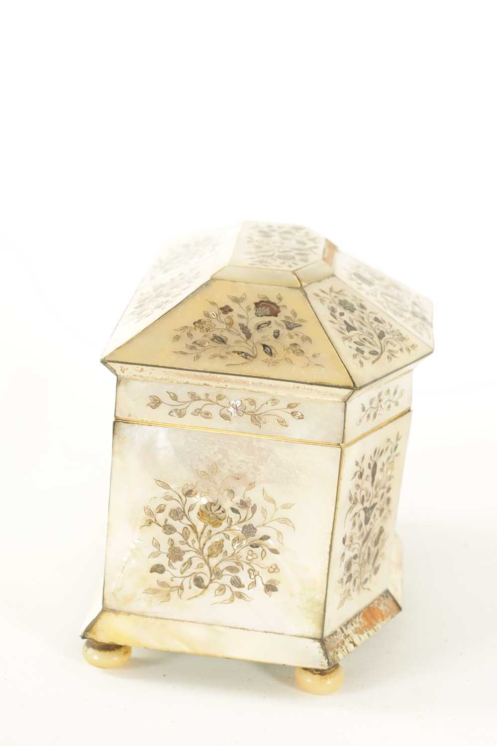 A 19TH CENTURY INLAID MOTHER OF PEARL TEA CADDY WITH CANTED ANGLED FRONT - Image 8 of 10