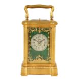 A LATE 19TH CENTURY FRENCH GILT BRASS AND GUILLOCHE EMERALD ENAMEL REPEATING CARRIAGE CLOCK