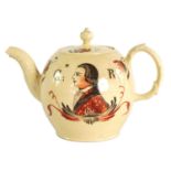 AN 18TH CENTURY STAFFORDSHIRE CREAMWARE ROYAL COMMEMORATIVE GLOBULAR TEAPOT CIRCA 1770