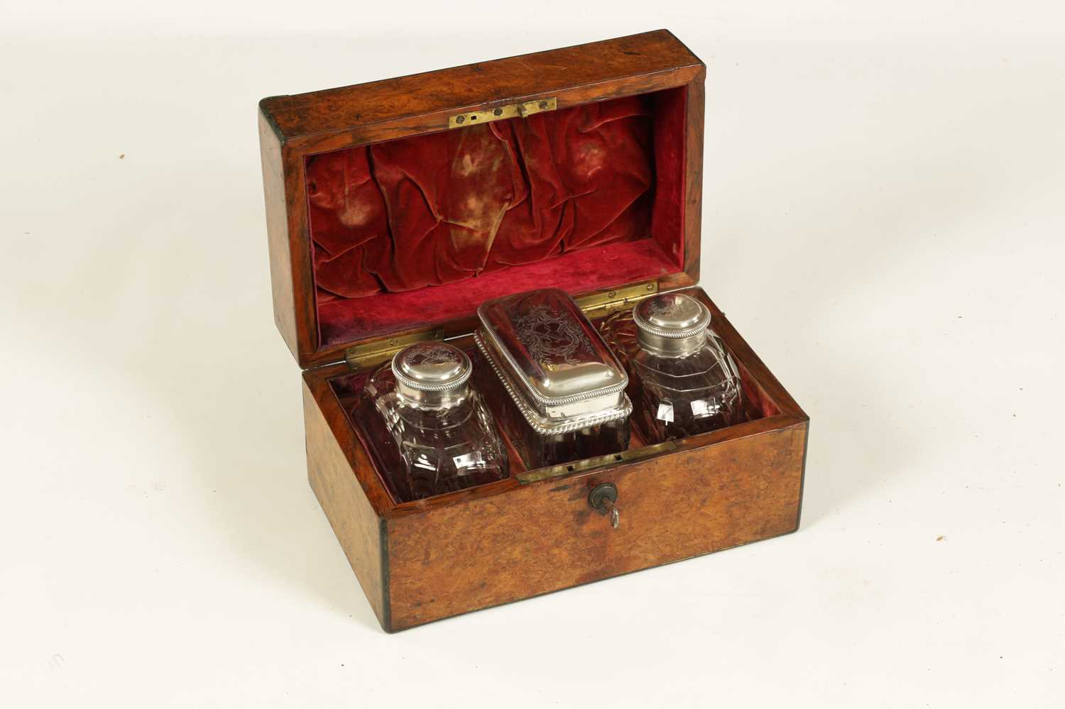 A LATE GEORGIAN FIGURED WALNUT TRIPLE SILVER MOUNTED CUT GLASS FITTED TEA CHEST - Image 2 of 6