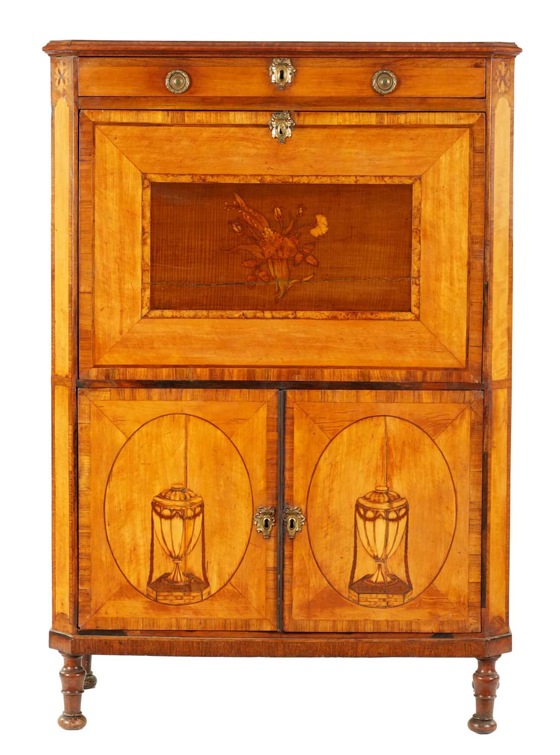 A GEORGE III MARQUETRY INLAID SATINWOOD AND KING WOOD CROSS-BANDED FALL FRONT SECRETAIRE CABINET IN