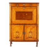 A GEORGE III MARQUETRY INLAID SATINWOOD AND KING WOOD CROSS-BANDED FALL FRONT SECRETAIRE CABINET IN