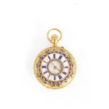 COURVOISIER, NUMBERED 27779. A 19TH CENTURY FRENCH 18CT GOLD AND ENAMEL HALF HUNTER FOB WATCH