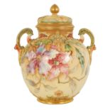A FINE ROYAL WORCESTER PORCELAIN POTPOURRI JAR AND COVER DECORATED WITH ENAMEL AND GILT EDGED FLORA