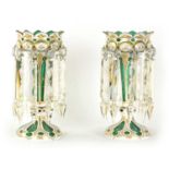 A FINE PAIR OF 19TH CENTURY BOHEMIAN GREEN AND WHITE OVERLAY GLASS LUSTRES