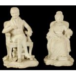 A PAIR OF EARLY 19TH CENTURY MINTON TYPE BISQUE PORCELAIN FIGURES OF WILLIAM WILBERFORCE AND HANNAH