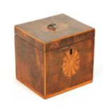 A GEORGE III BURR YEW-WOOD AND BOXWOOD STRUNG INLAID SQUARE TEA CADDY