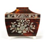 A REGENCY TORTOISESHELL AND MOTHER-OF-PEARL INLAID PAGODA TOP TEA CADDY