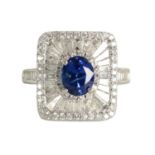 A LADIES 18CT WHITE GOLD, SAPPHIRE AND DIAMOND RING