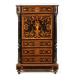 A 19TH CENTURY FRENCH EBONISED AND KINGWOOD CROSS-BANDED MARQUETRY INLAID FALL FRONT SECRETAIRE CABI