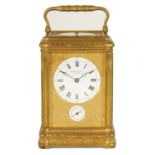 DROCOURT. A 19TH CENTURY FRENCH GILT ENGRAVED GORGE CASE GRAND SONNERIE REPEATING CARRIAGE CLOCK