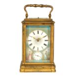 A 19TH CENTURY FRENCH GILT BRASS GORGE CASE REPEATING CARRIAGE CLOCK WITH ALARM