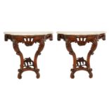 A PAIR OF 19TH CENTURY FRENCH ROCOCO STYLE WALNUT CONSOLE TABLES