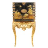 A GEORGE III CHINOISERIE DECORATED LACQUERWORK COLLECTORS CABINET ON GILT WOOD CARVED STAND