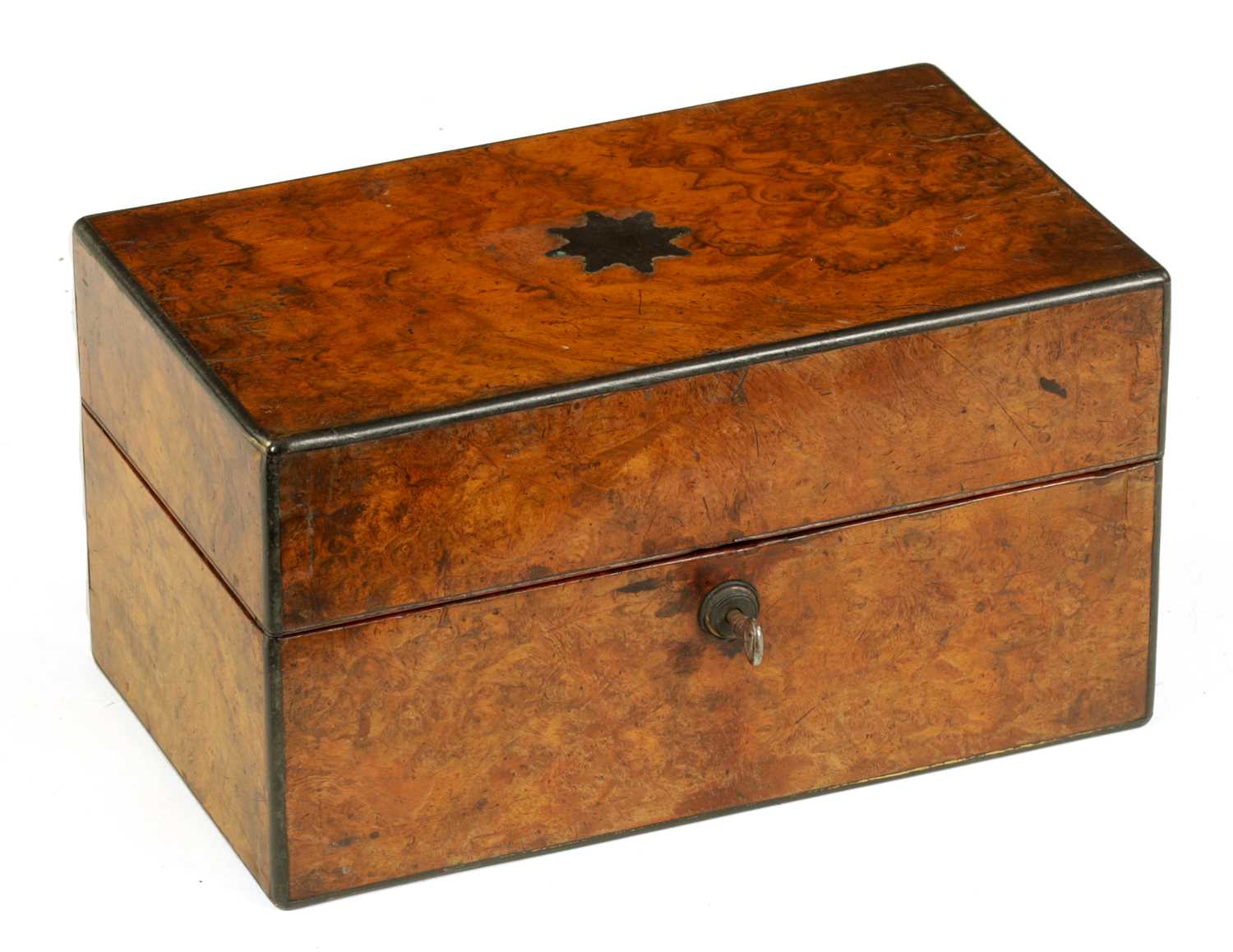 A LATE GEORGIAN FIGURED WALNUT TRIPLE SILVER MOUNTED CUT GLASS FITTED TEA CHEST