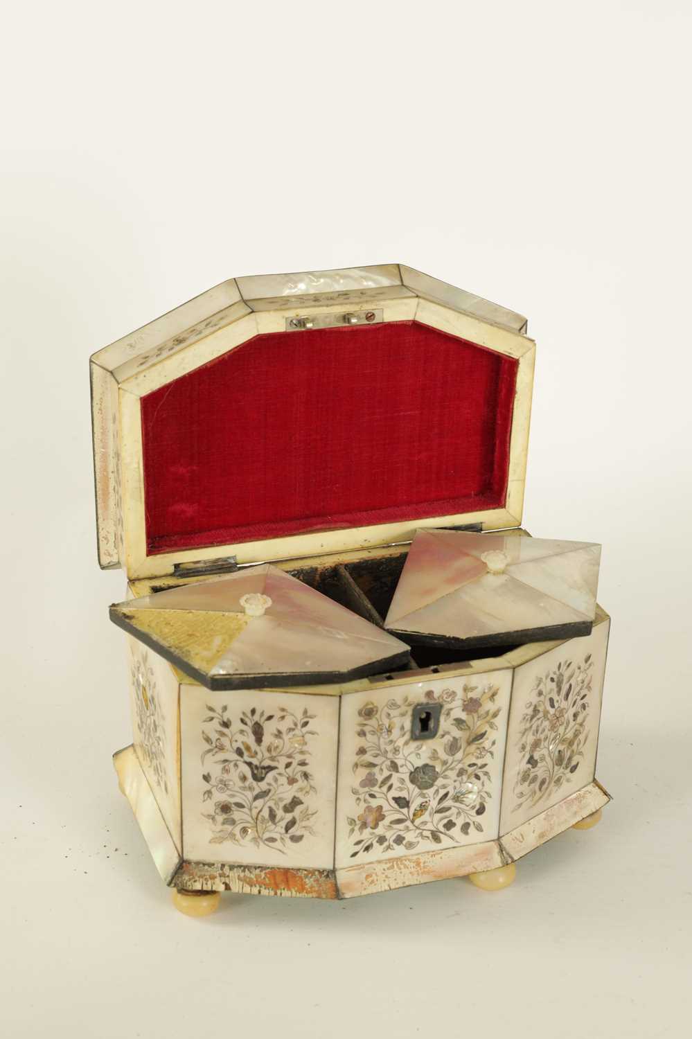 A 19TH CENTURY INLAID MOTHER OF PEARL TEA CADDY WITH CANTED ANGLED FRONT - Image 6 of 10