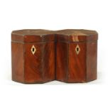 AN UNUSUAL LATE GEORGIAN JOINED DOUBLE OCTAGONAL CANNISTER MAHOGANY AND EBONY LINED TEA CADDY