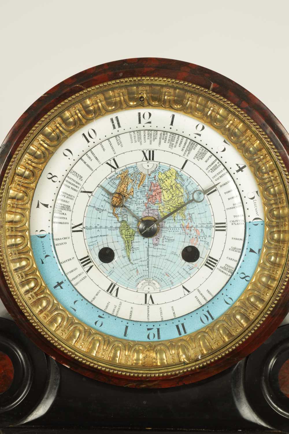 A RARE LATE 19TH CENTURY FRENCH BLACK AND ROUGE MARBLE 'WORLD TIME' MANTEL CLOCK - Image 3 of 13