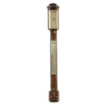 GARDNER & CO. GLASGOW. AN EARLY 19TH CENTURY FIGURED MAHOGANY BOW FRONT STICK BAROMETER