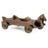 A RARE GEORGE III MAHOGANY CHEESE COASTER FORMED AS A CHARIOT WITH HORSES HEAD