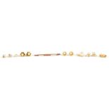 A COLLECTION OF GOLD AND PEARL EARRINGS WITH A DIAMOND AND RUBY BAR BROOCH