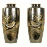 A PAIR OF JAPANESE MEIJI PERIOD SILVERED BRONZE VASES