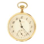 AN EARLY 20TH CENTURY 14 CARAT GOLD OPEN FACE POCKET WATCH