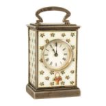 AN EARLY 20TH CENTURY MINIATURE SWISS SILVER ENAMELLED BOUDOIR CARRIAGE CLOCK