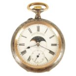 A LATE 19TH CENTURY MOONPHASE POCKET WATCH WITH CALENDAR DIAL ON REVERSE