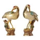 A PAIR OF EARLY 20TH CENTURY CHINESE CLOISONNÉ ENAMEL MODELS OF CRANES