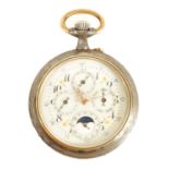 A LARGE EARLY 20TH CENTURY GUN METAL AND GILT DIAL MOON PHASE CALENDAR POCKET WATCH WITH INTERESTING