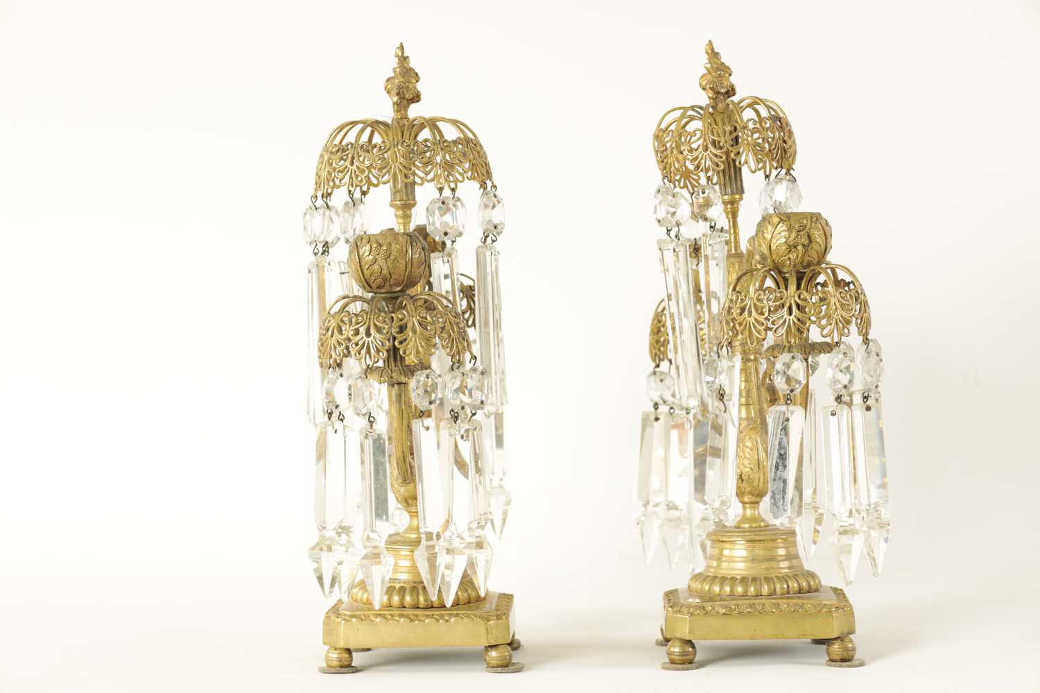 A PAIR OF 19TH CENTURY BRASS AND CUT GLASS CANDELABRA - Image 7 of 9
