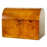 A 19TH CENTURY DOME TOP BURR WALNUT TEA CADDY