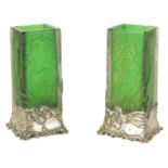 A PAIR OF DAUM ART NOVEAU SQUARE GREEN GLASS VASES WITH SILVER METAL MOUNTS