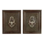 A PAIR OF 18TH/19TH CENTURY CHINESE CARVED HARDWOOD MOTHER OF PEARL INLAID HANGING PLAQUES