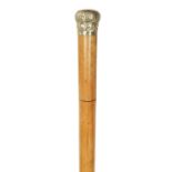 AN EARLY 20TH CENTURY MALACCA SILVER METAL TOPPED SWORD STICK