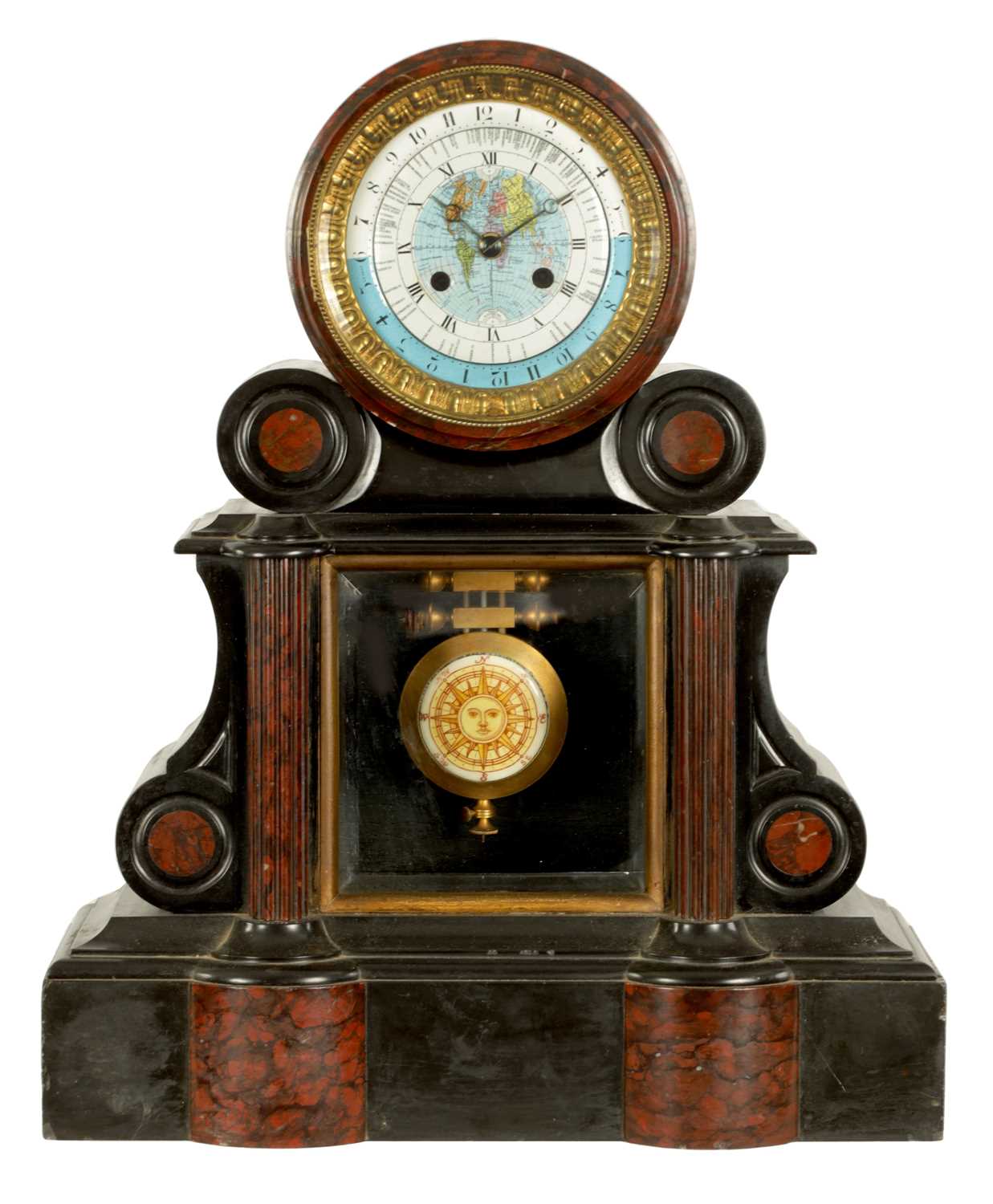 A RARE LATE 19TH CENTURY FRENCH BLACK AND ROUGE MARBLE 'WORLD TIME' MANTEL CLOCK
