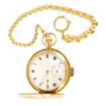 AN EARLY 20TH CENTURY GOLD FILLED FULL HUNTER QUARTER REPEATING POCKET WATCH WITH MATCHING GUARD CHA